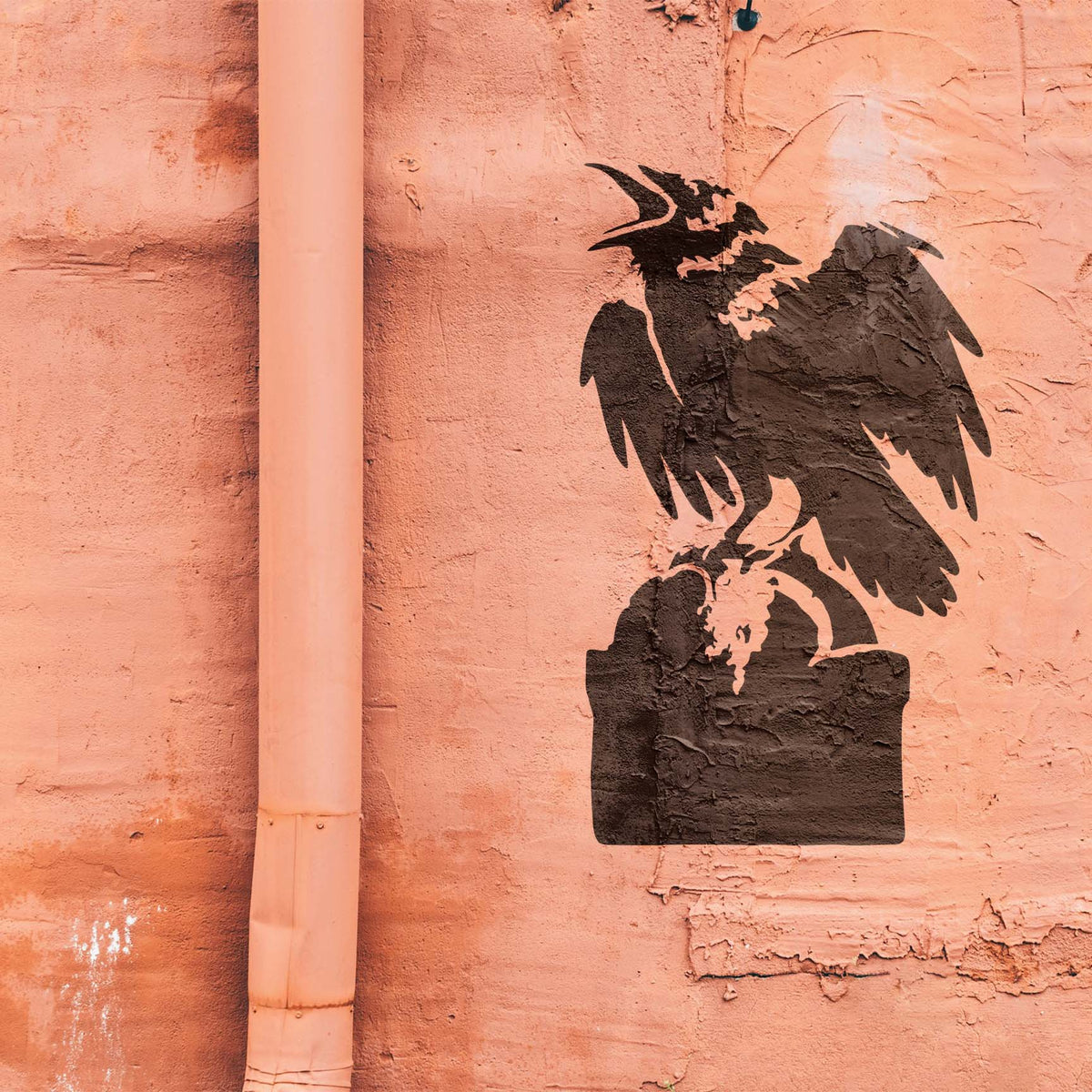 Crow on Tombstone Stencil painted in black on a peach wall beside a vertical pipe.
