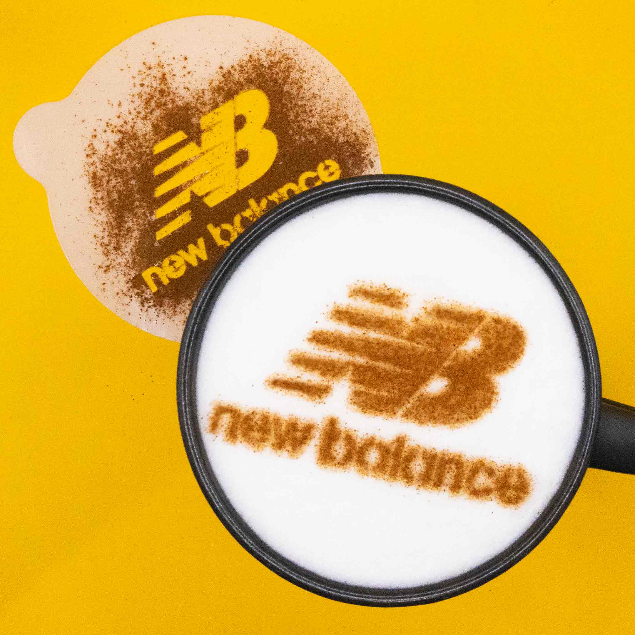 New balance logo coffee stencil and decorated latte