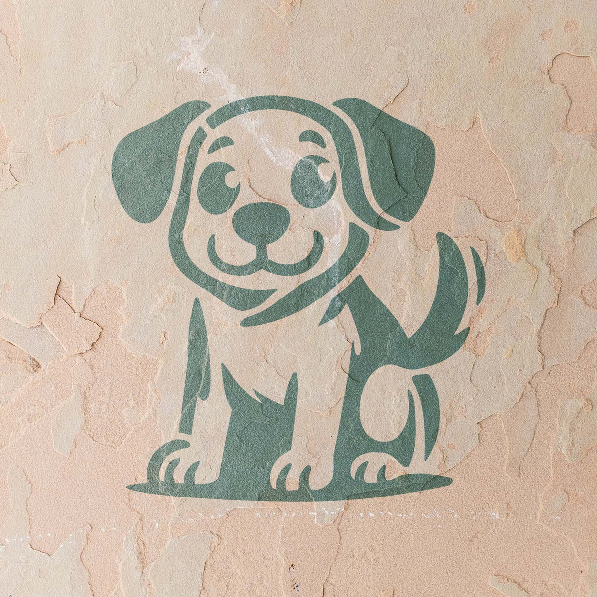 Cute Cartoon Dog Stencil painted in soft green on a cracked plaster wall with a clean, friendly look.