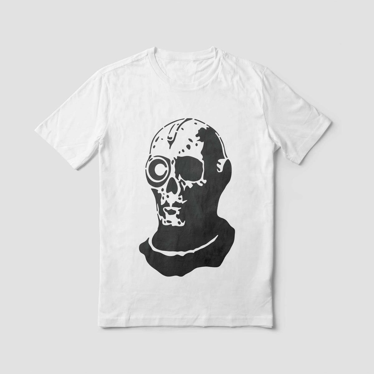 A white T-shirt features the Cyborg Skull Stencil with a striking half-mechanical skull design.