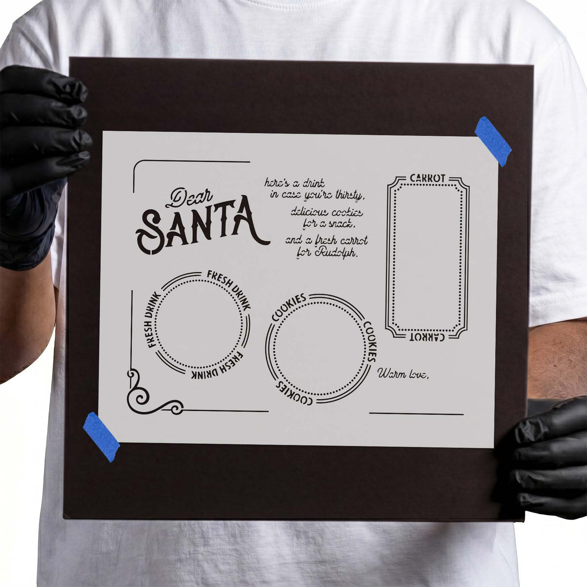 Dear Santa tray template stencil with labeled drink, cookies, carrot, and holiday note