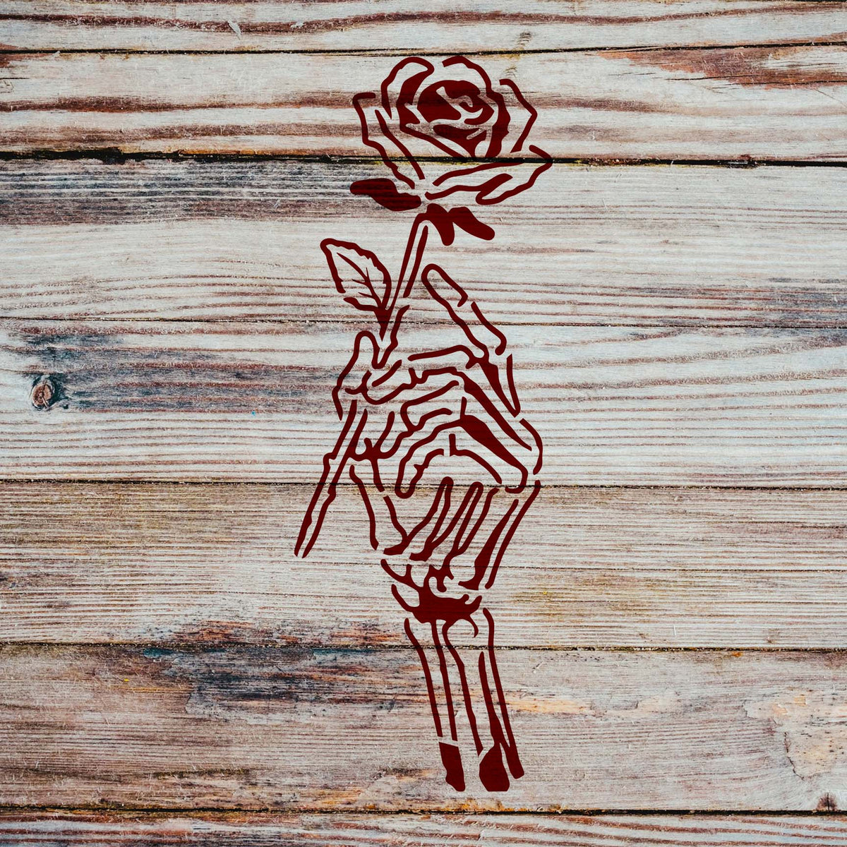 Crimson Death Bouquet Skeleton Hand Stencil stands out across rustic whitewashed wood planks