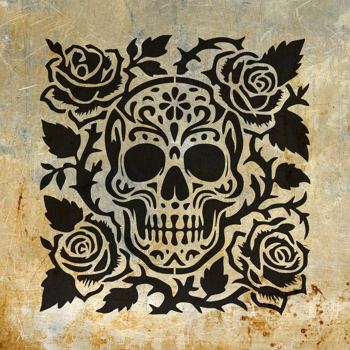 Bold Decorative Sugar Skull and Roses Stencil fills a distressed metal surface with floral detail