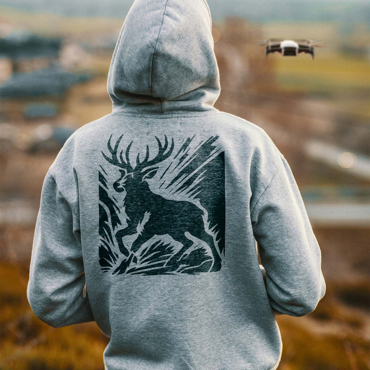 Deer With Antlers Stencil printed on back of gray hoodie