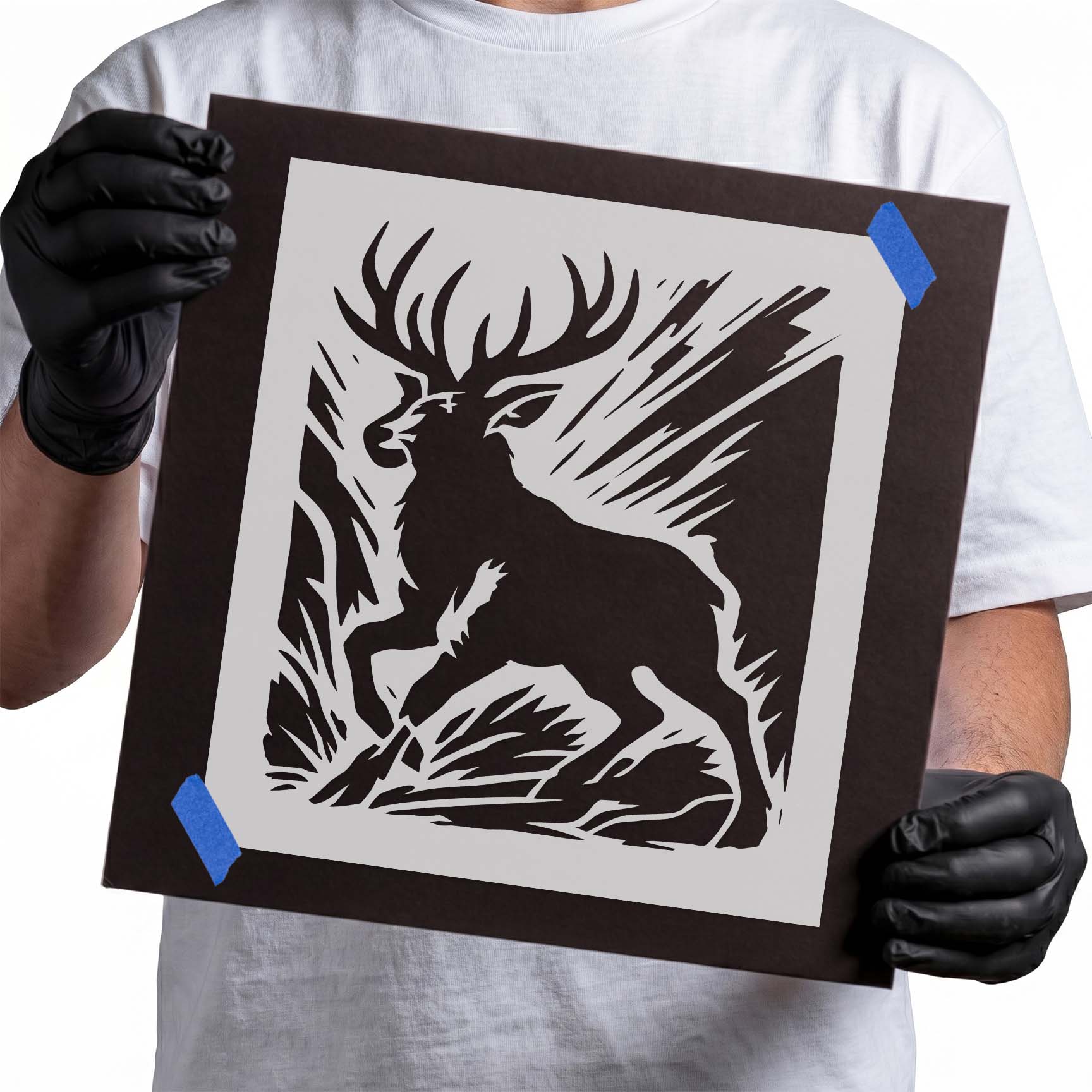 Standing deer stencil with large branching antlers and woodland details