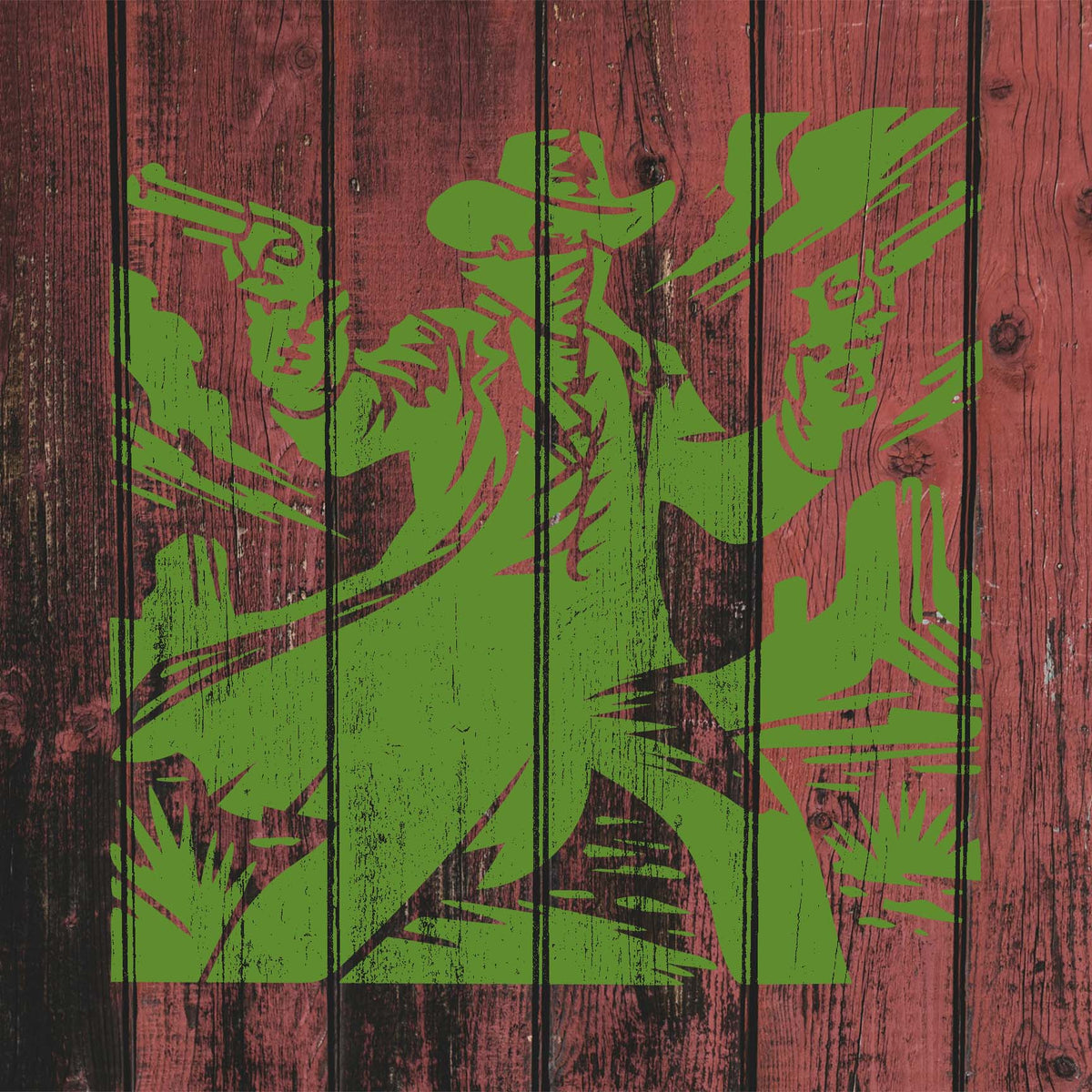 Desert Gunslinger Stencil appears in green across weathered red wooden wall boards.