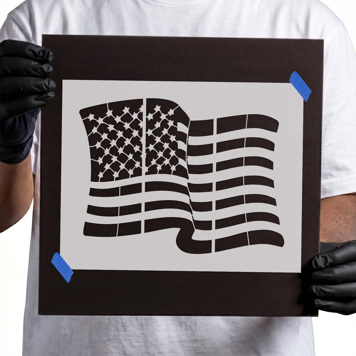 Waving American flag stencil with detailed stars and flowing curved stripes