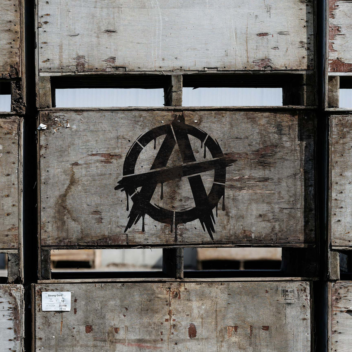 A rebellious Distressed Anarchy Symbol Graffiti Stencil adds a black spray-paint effect to weathered wooden crates.