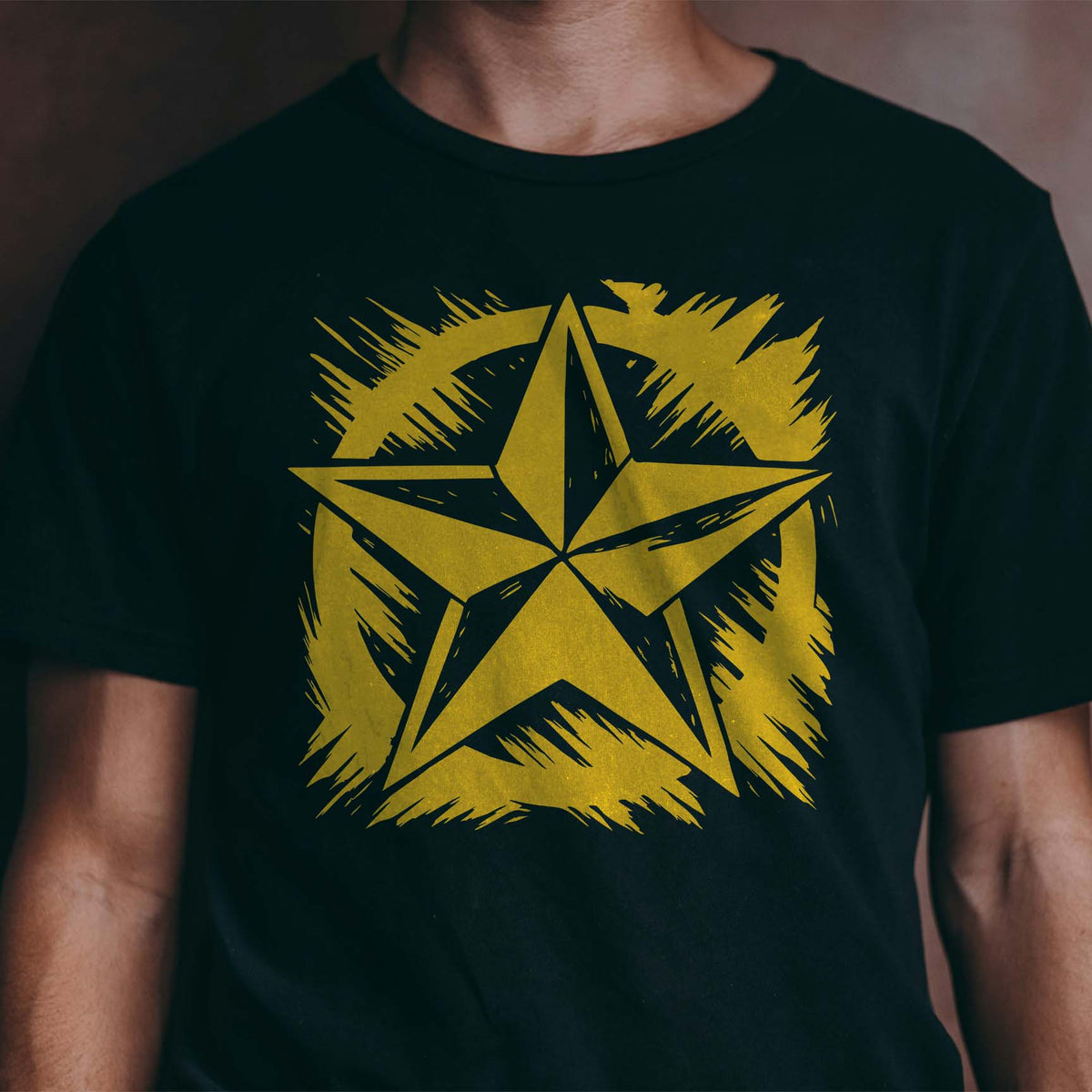 Bold Distressed Army Star Stencil adds a weathered military star graphic to a black shirt
