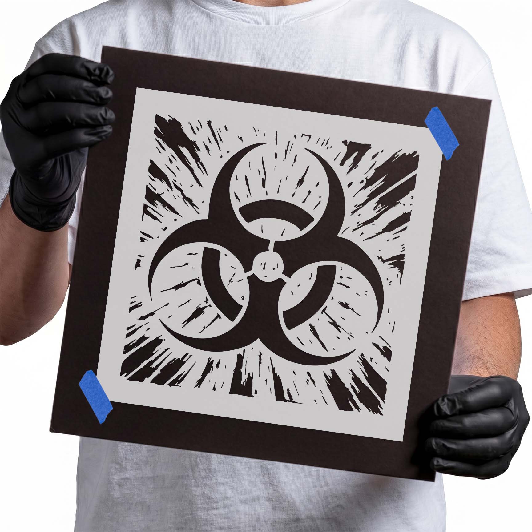 Distressed biohazard symbol stencil with grunge splatter effect