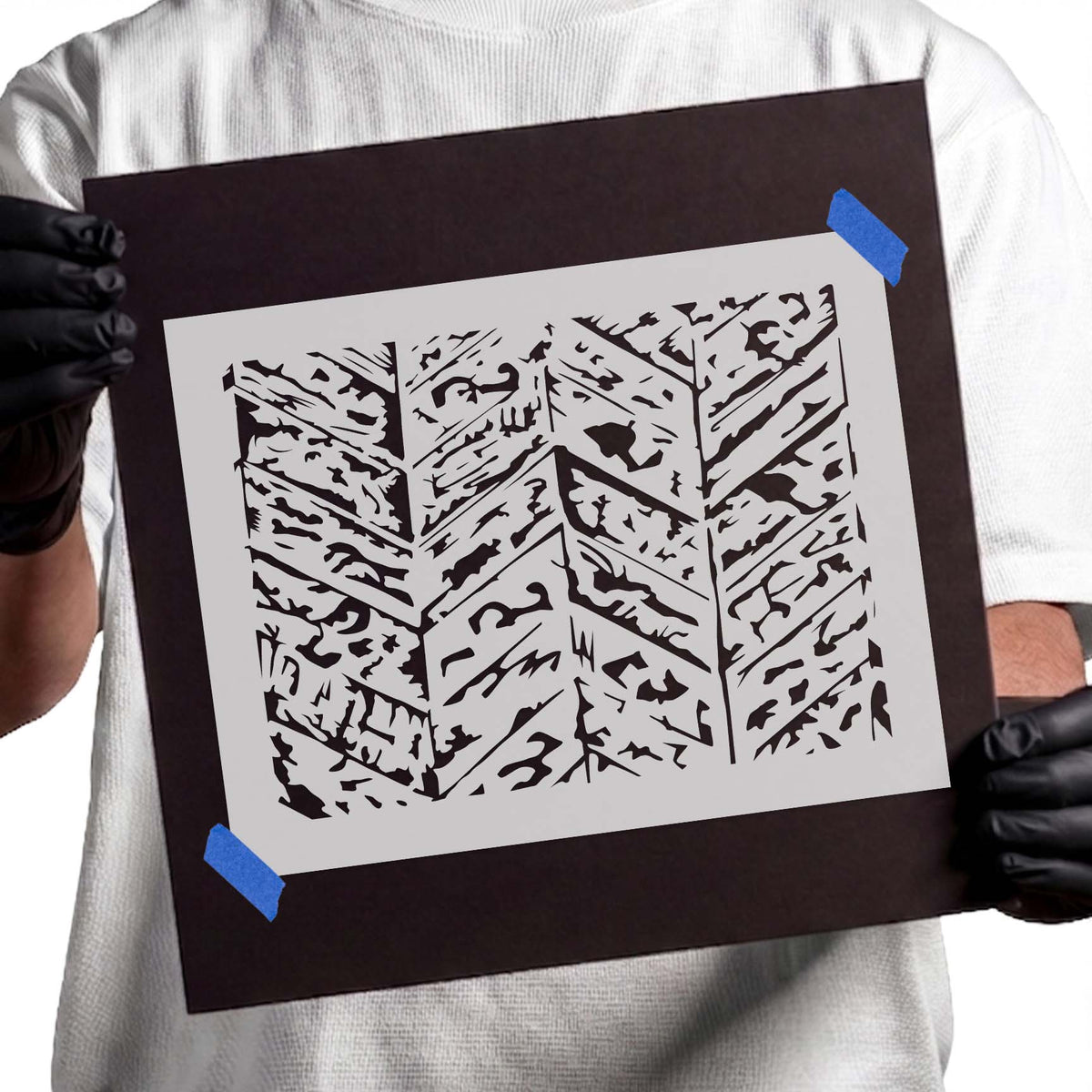 Distressed Chevron Pattern Stencil with layered zigzag stripes and rugged weathered textures