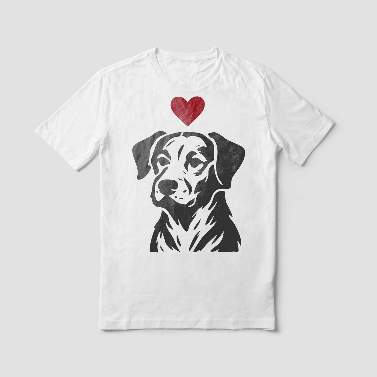 Dog Portrait with Heart Stencil printed on a white T-shirt with a red heart above the dog.