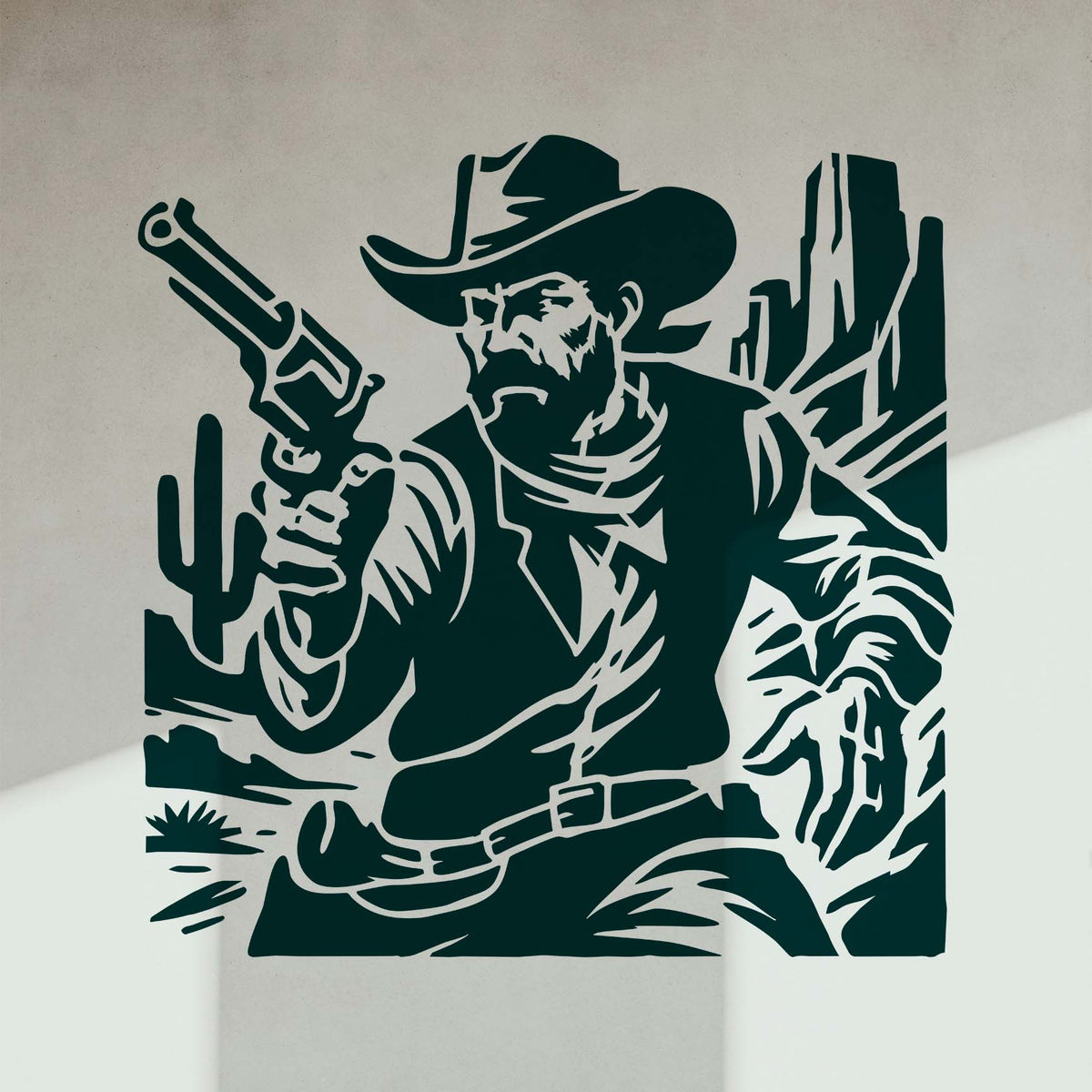 On a white wall, Dueling Cowboy Stencil appears in dark teal with a western desert scene.