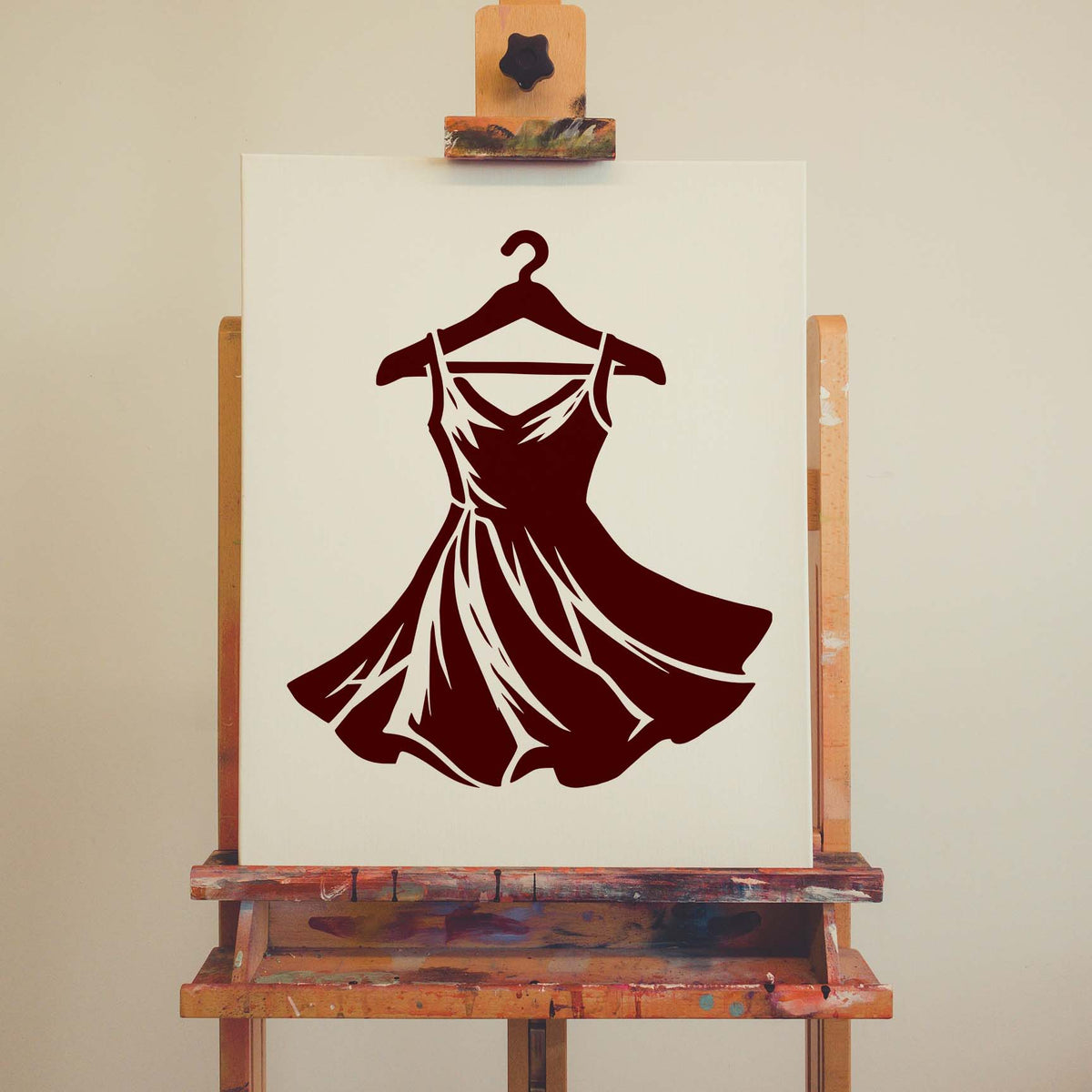 A flowing burgundy dress on a hanger takes center stage in the Elegant Hanging Dress Stencil on canvas