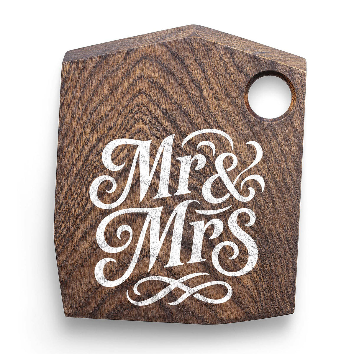 Elegant Mr & Mrs script stencil painted white on a wooden cutting board