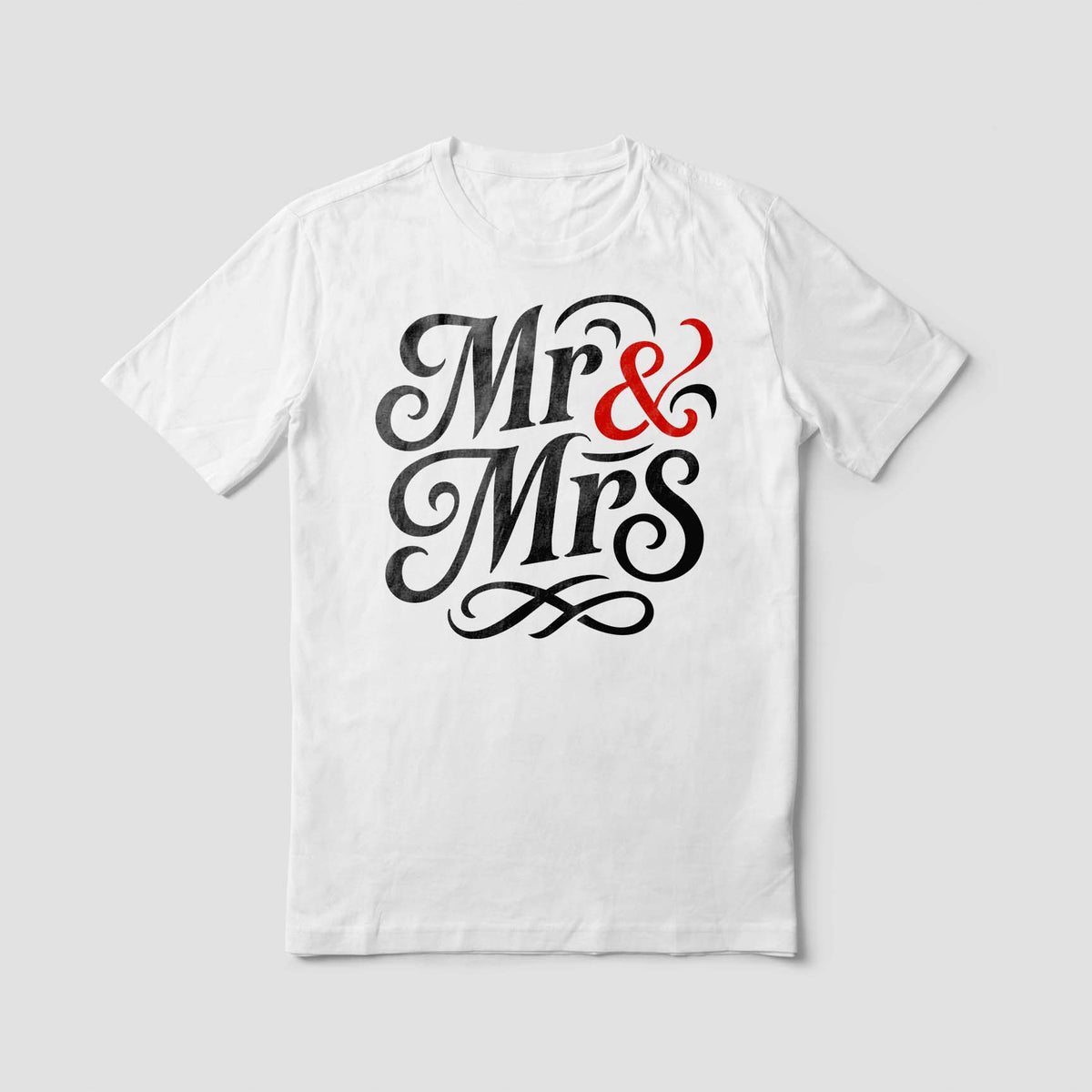 Elegant Mr & Mrs script stencil printed on a white shirt