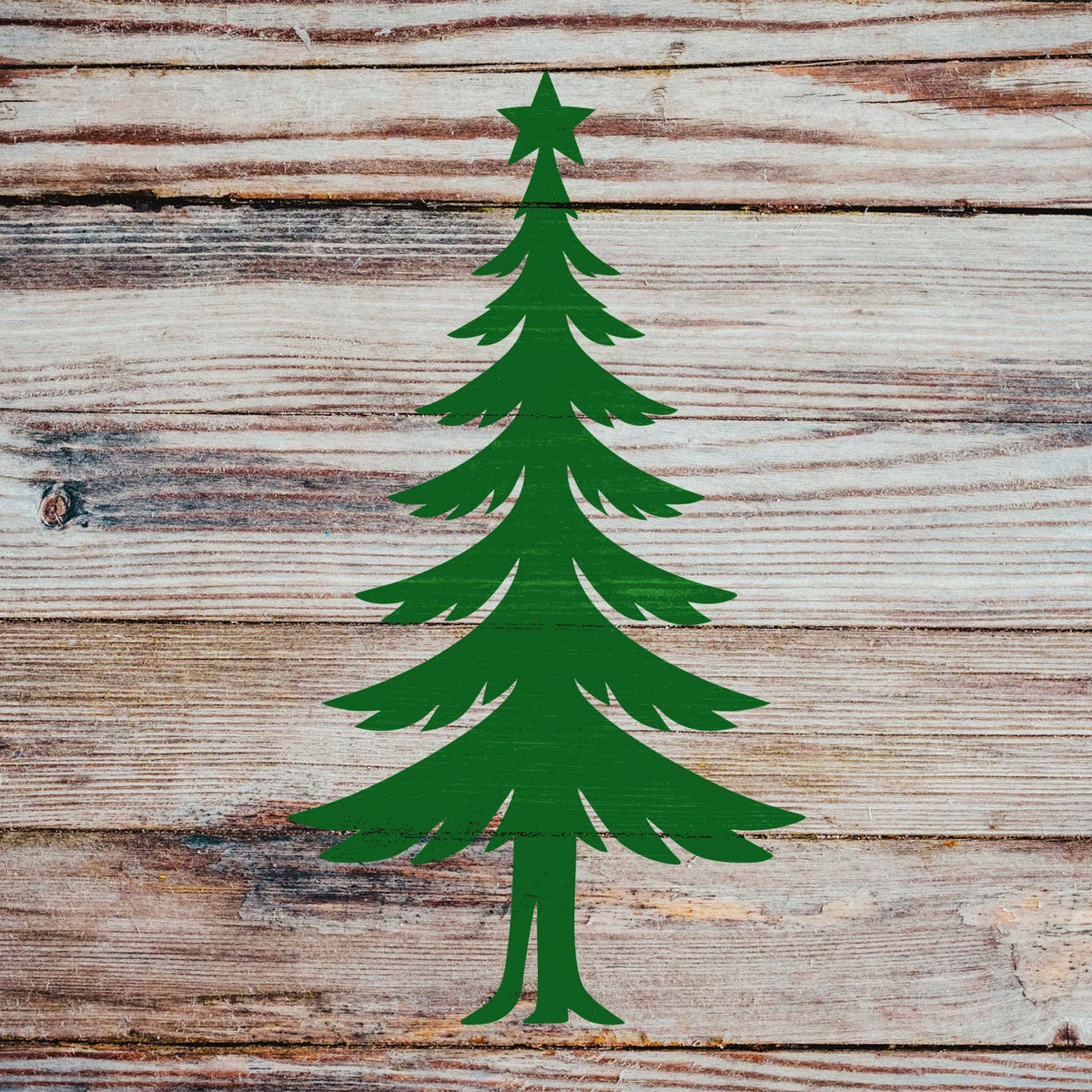 Green Elegant Slim Christmas Tree Stencil displayed on weathered wood planks.