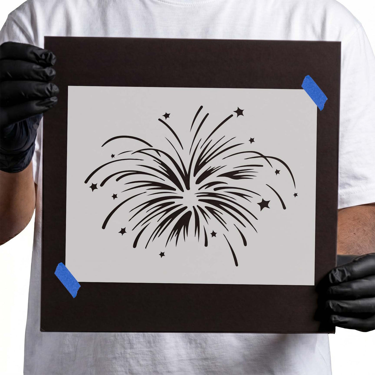 Fireworks stencil with radiating burst lines and scattered stars