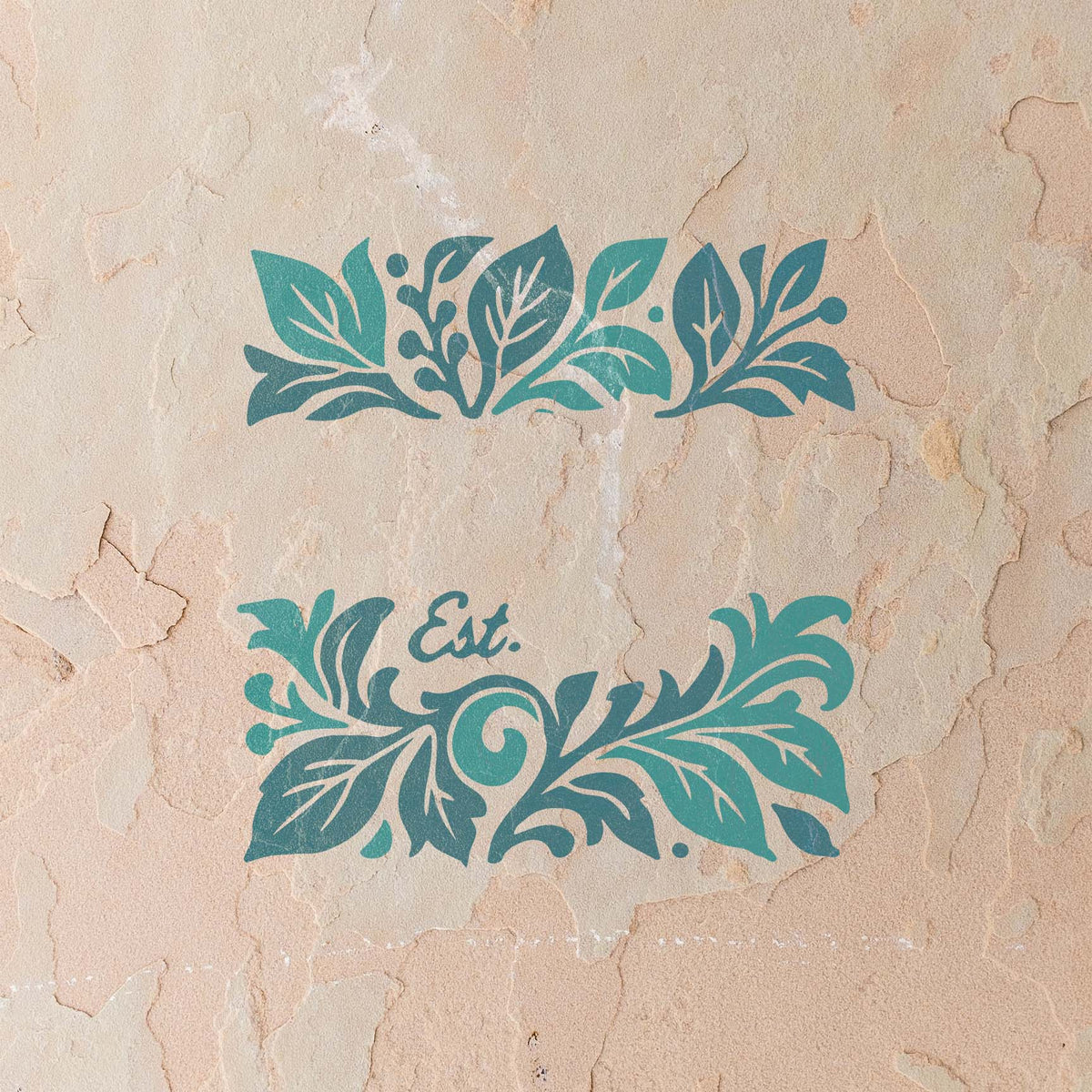 Family Name & Established Date stencil with leafy flourishes displayed on a stucco wall