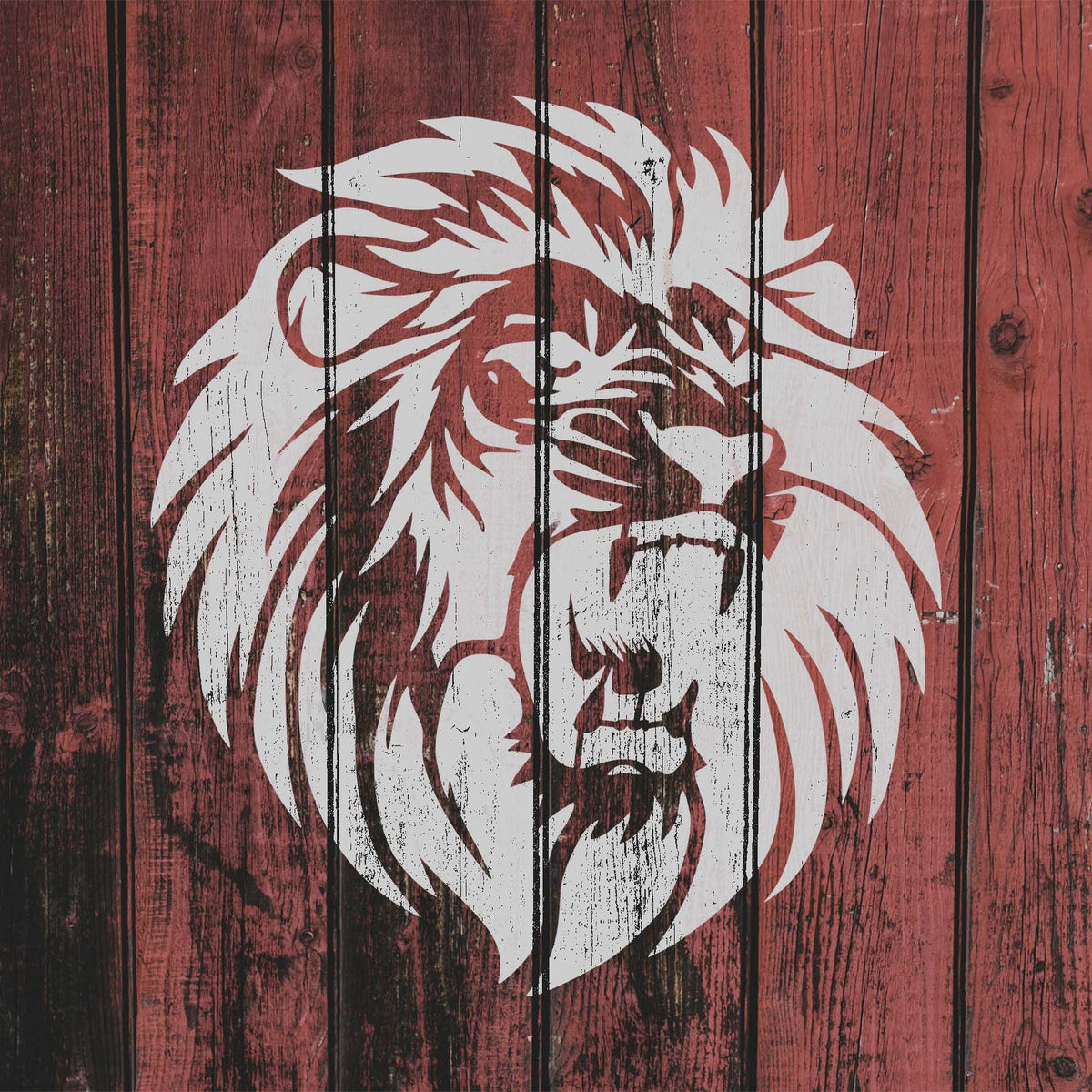 A roaring Fierce Lion Portrait Stencil appears in distressed white across rustic red wood.