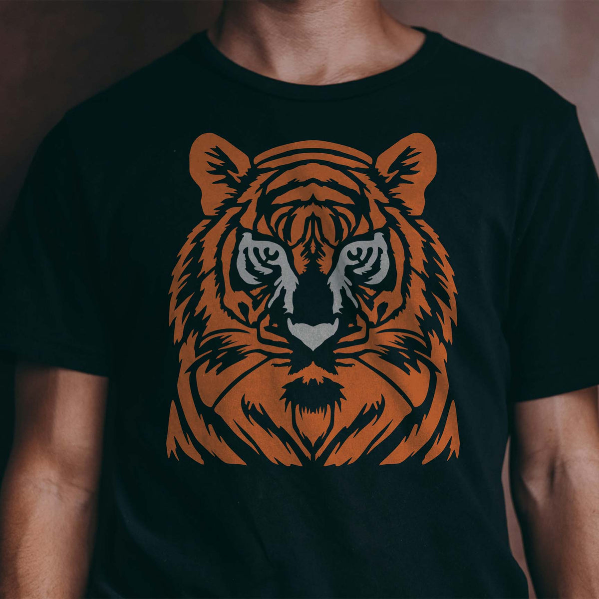 Fierce Tiger Portrait stencil printed on the front of a black shirt