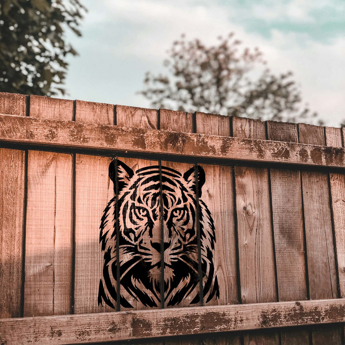 Fierce Tiger Portrait stencil painted on a rustic wooden fence