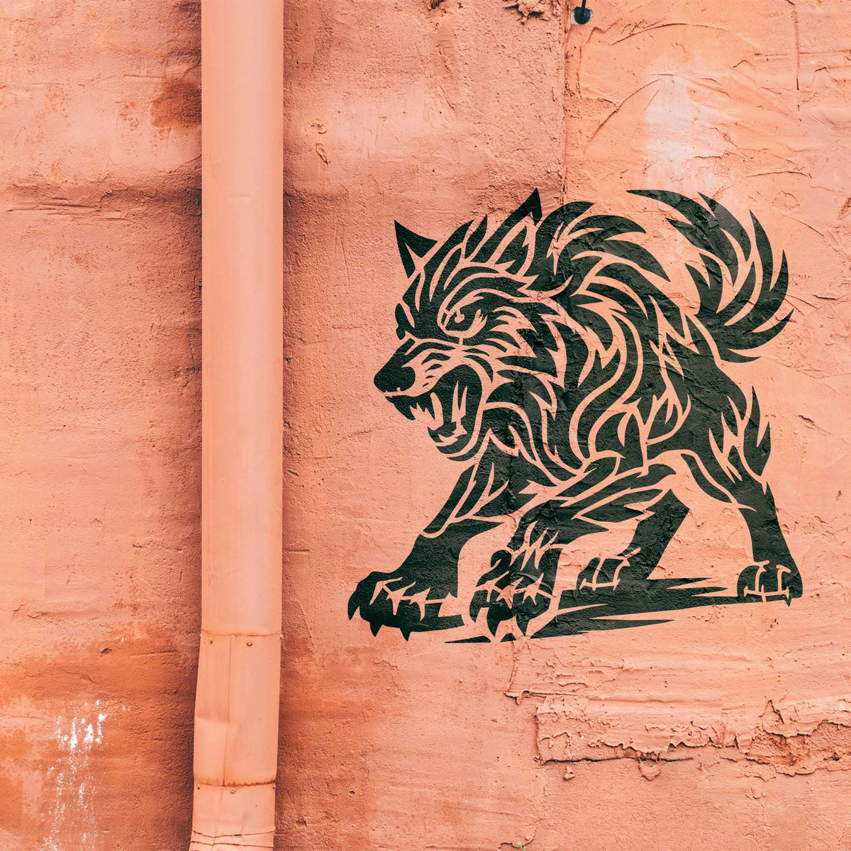 Painted on a salmon-colored wall, the Fierce Tribal Wolf Stencil reveals a growling wolf in black.