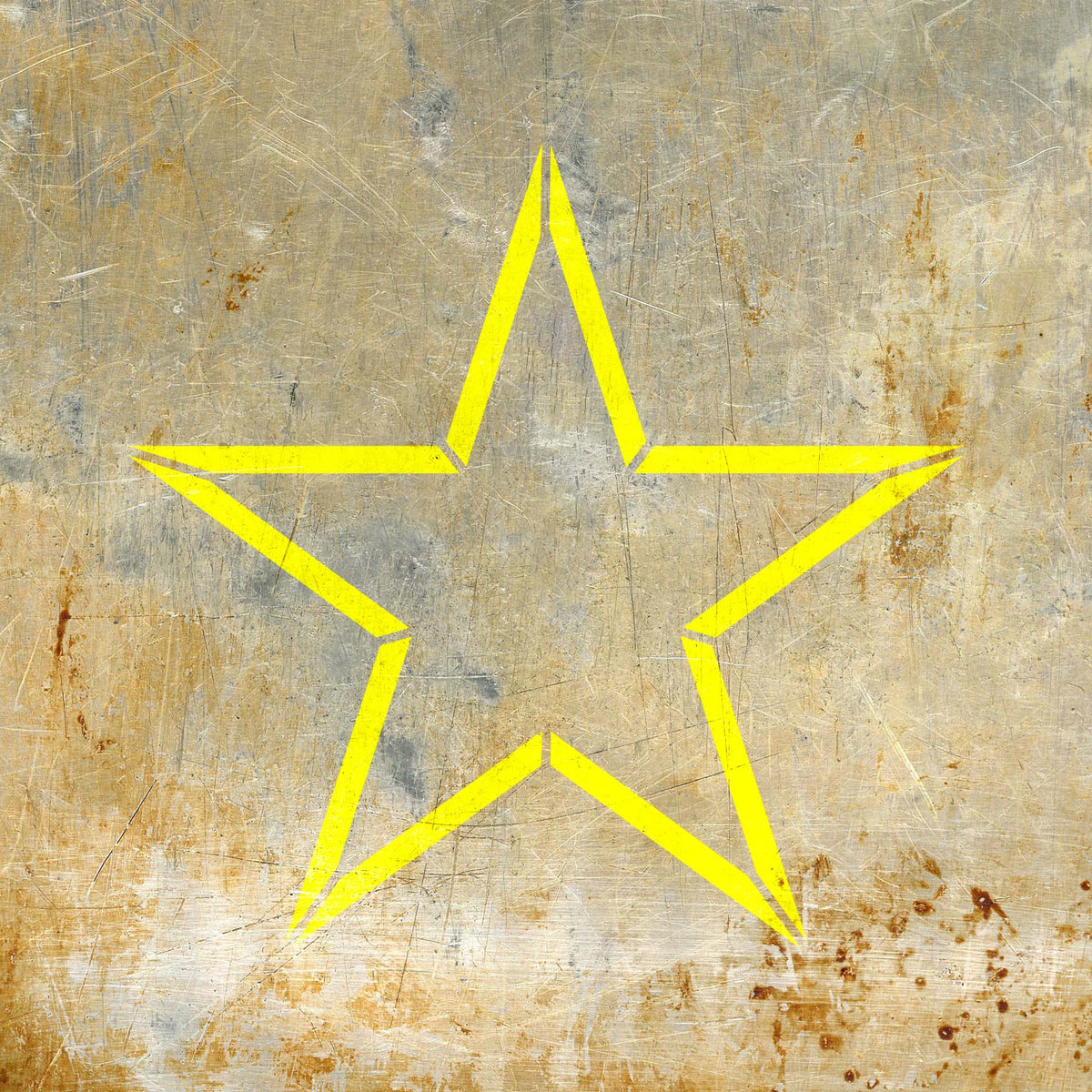 Bright yellow Five Point Star Outline Stencil stands out across a scratched industrial metal surface