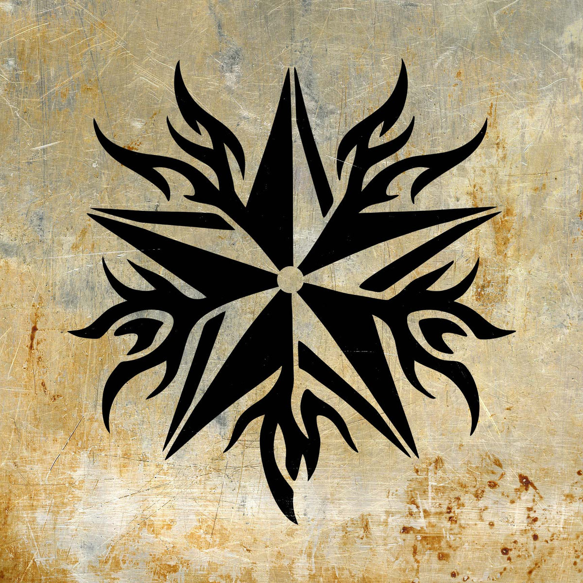 Weathered metal displays the Flame Tribal Star Stencil with sweeping black flame details