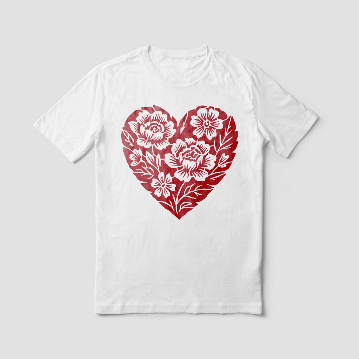 Floral Heart Bouquet Stencil printed in red on a white T-shirt mockup.