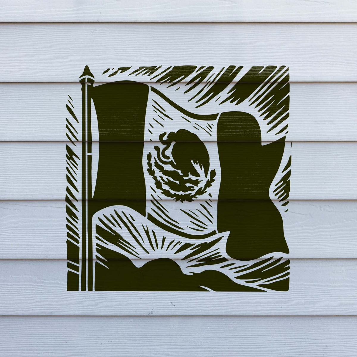 Flowing Mexico Flag Stencil stands out across white horizontal siding with a waving flag design.