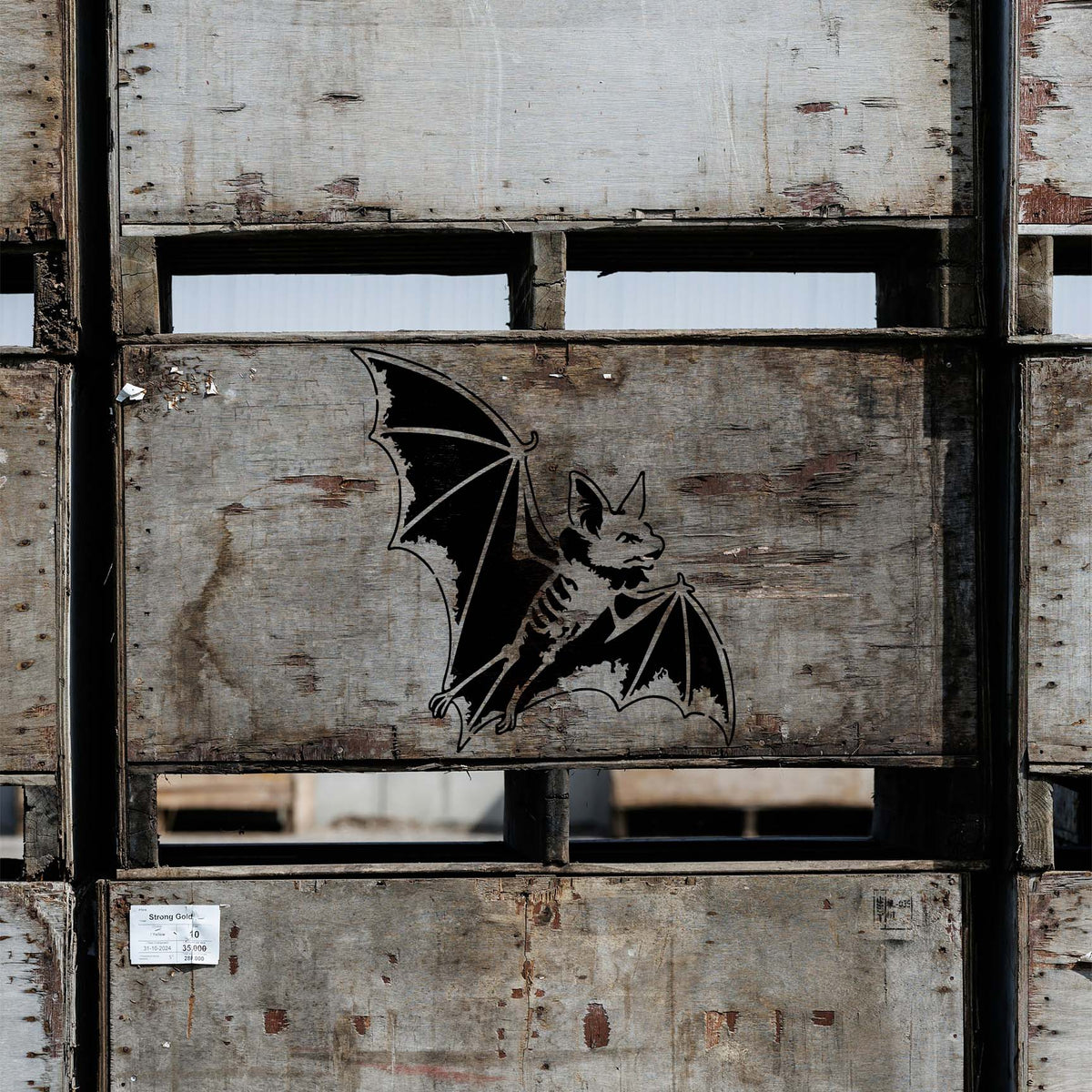 Flying Bat Stencil displayed in black on a weathered wooden pallet panel.