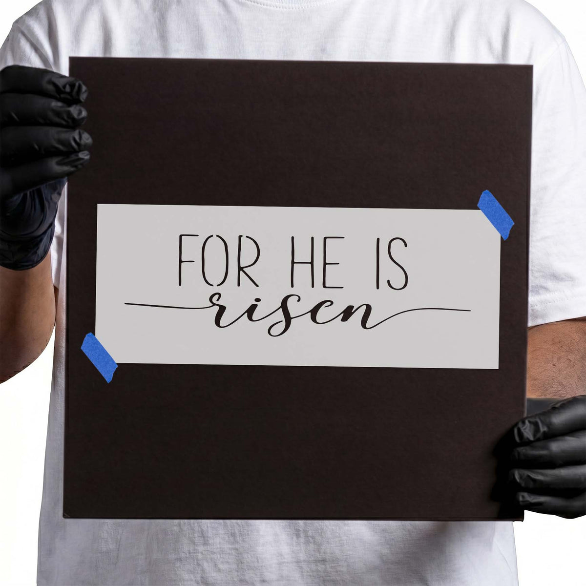 For He Is Risen stencil with tall lettering, script text, and decorative flourishes