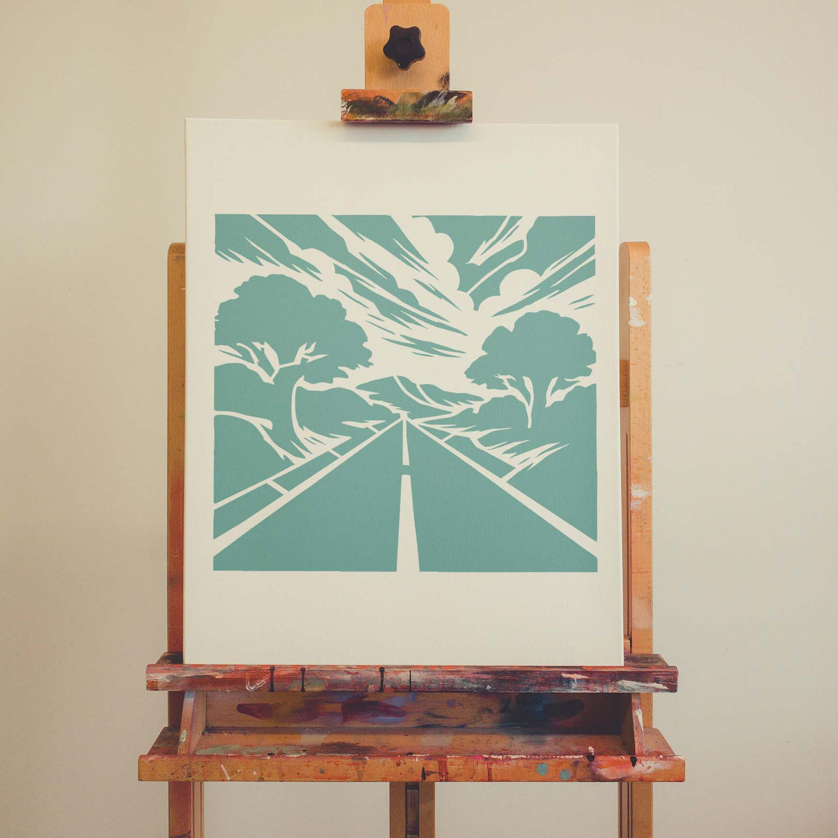 A scenic Forest Highway Horizon Stencil reveals an open road framed by trees and sweeping clouds on canvas.