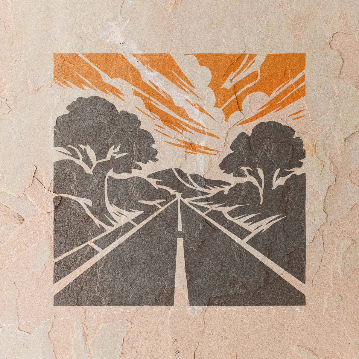 Forest Highway Horizon stencil displays a scenic roadway and trees on a textured wall