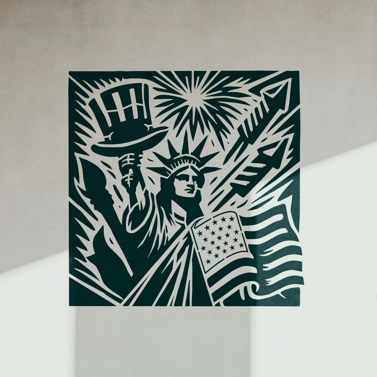 Bold Fourth of July Liberty Stencil shows Lady Liberty, fireworks, rockets, and an American flag on a wall.