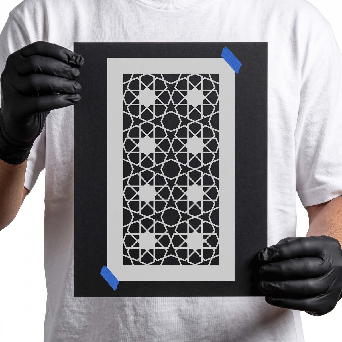 Geometric tile pattern stencil with interlocking stars and lattice lines