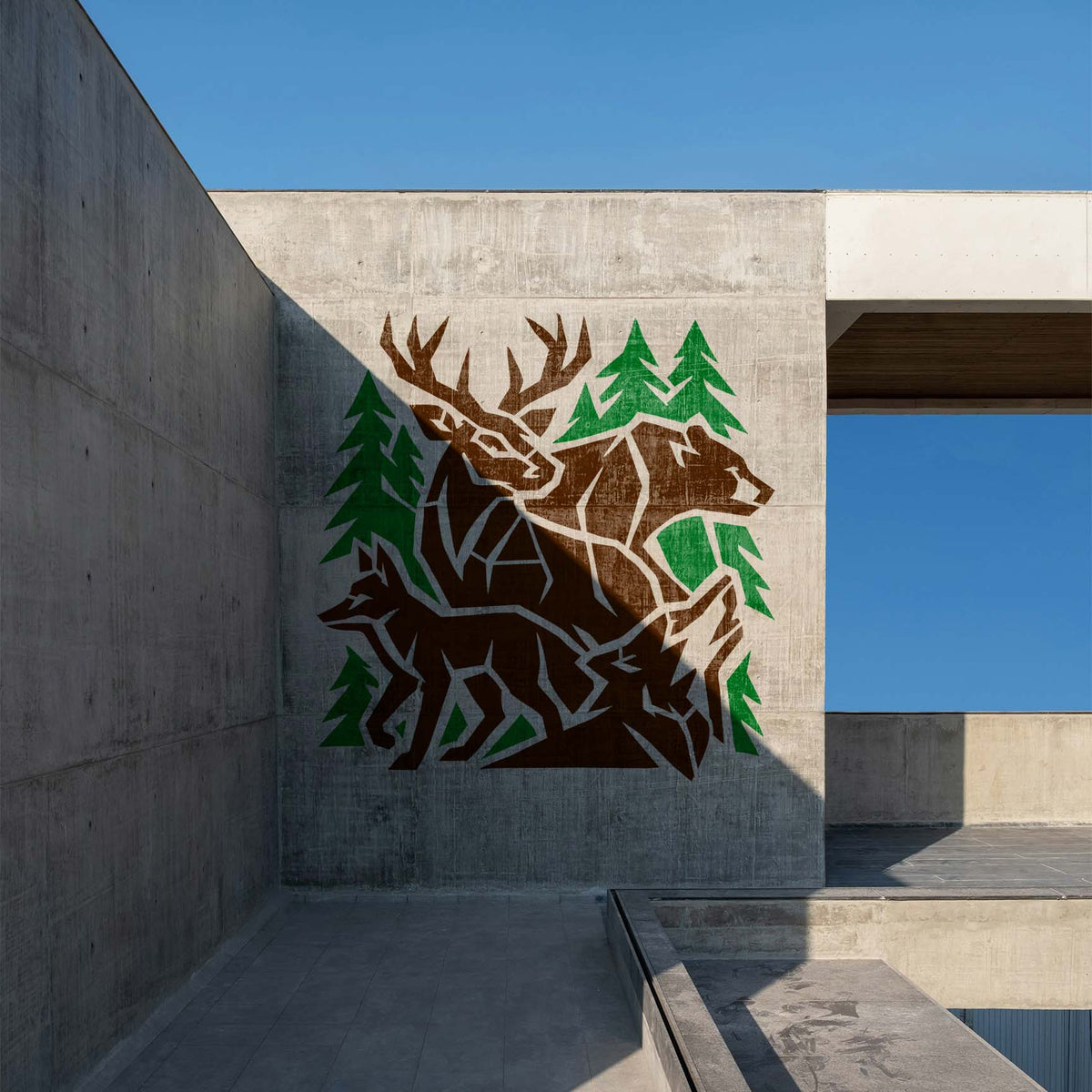 Geometric Forest Wildlife Stencil painted with woodland animals on concrete wall