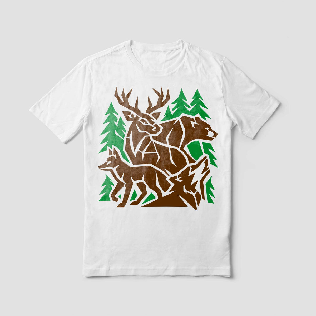 Geometric Forest Wildlife Stencil featuring woodland animals on white shirt