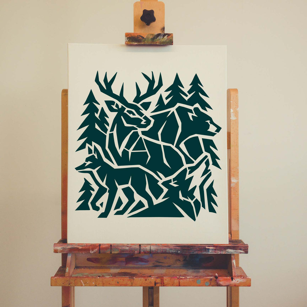 Geometric Forest Wildlife Stencil features angular deer, bear, and fox silhouettes among pine trees on canvas.