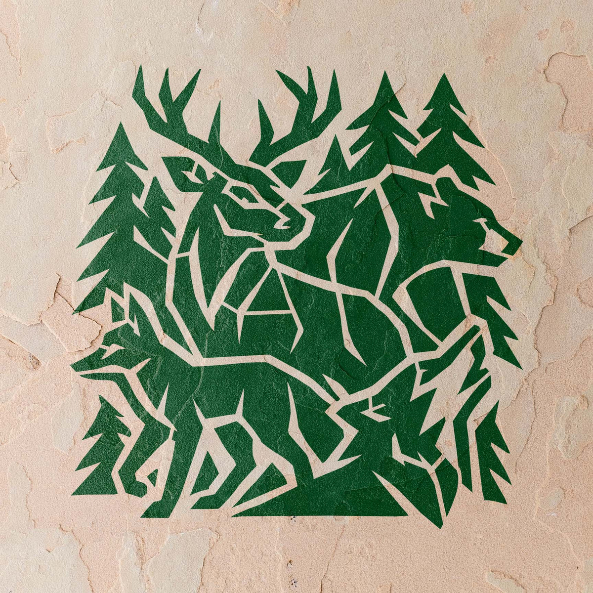 A green Geometric Forest Wildlife Stencil depicts woodland animals in sharp geometric shapes on a stucco wall.