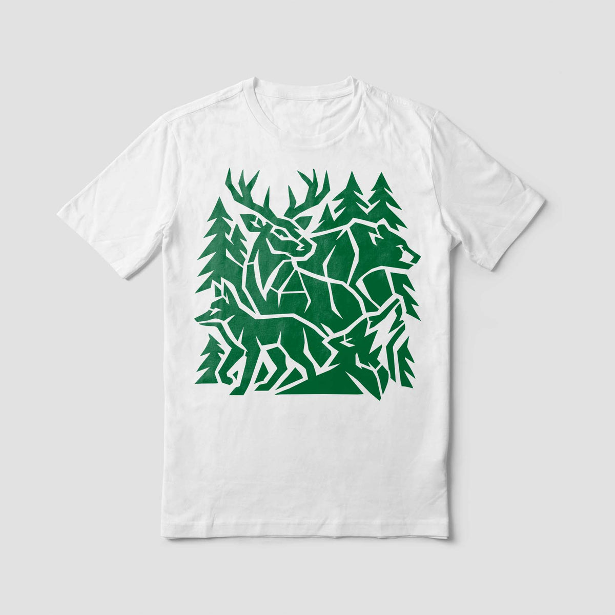 Deer antlers, a bear, and a fox form the Geometric Forest Wildlife Stencil printed in green on a white shirt.