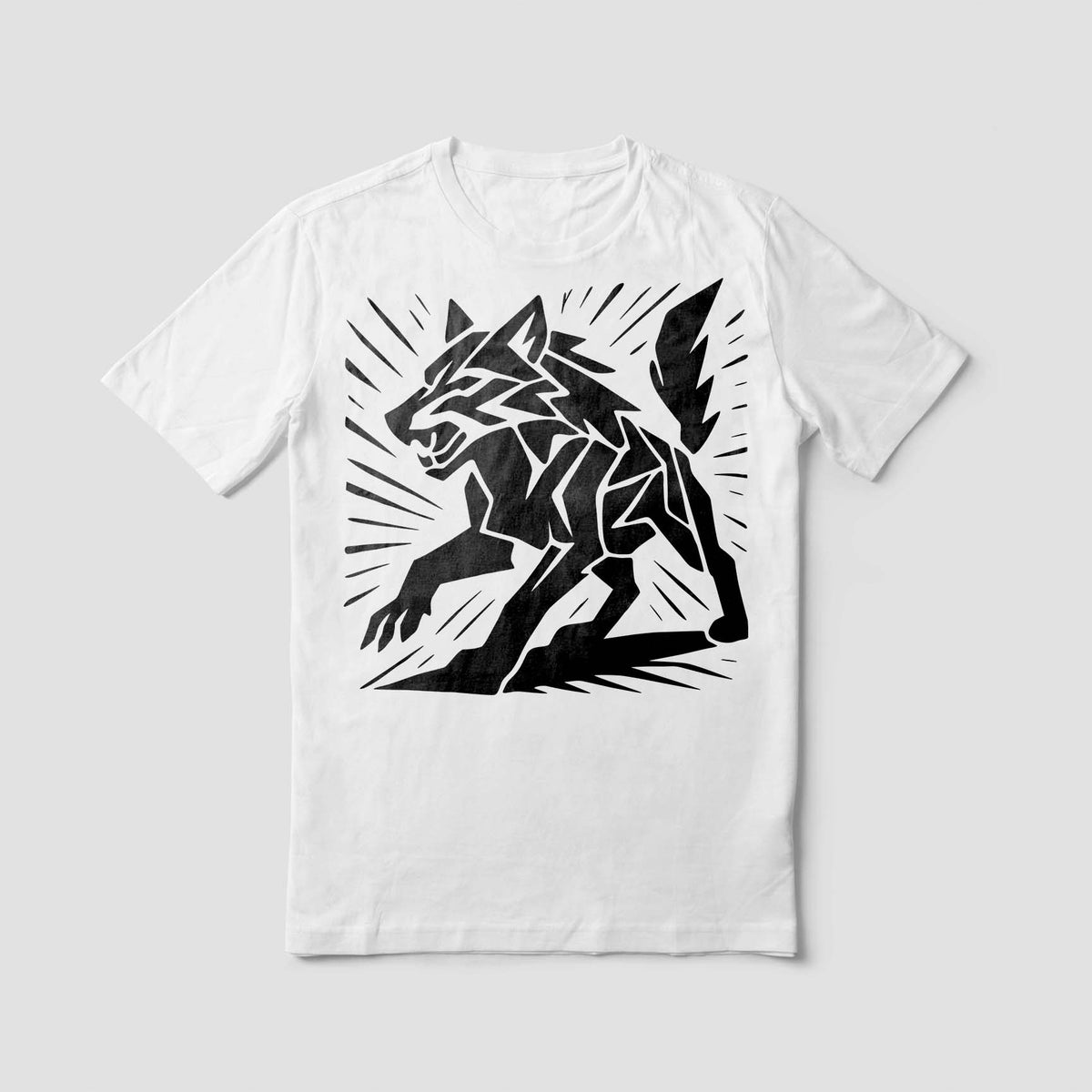A white T-shirt features the Geometric Wolf Stencil in black, with sharp lines and a fierce wolf silhouette.
