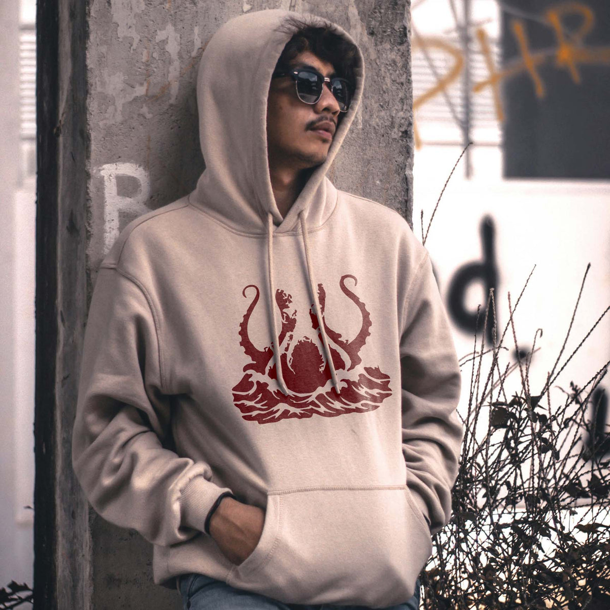 Giant Octopus Tentacles Stencil adds a dramatic sea creature design to a beige hoodie
