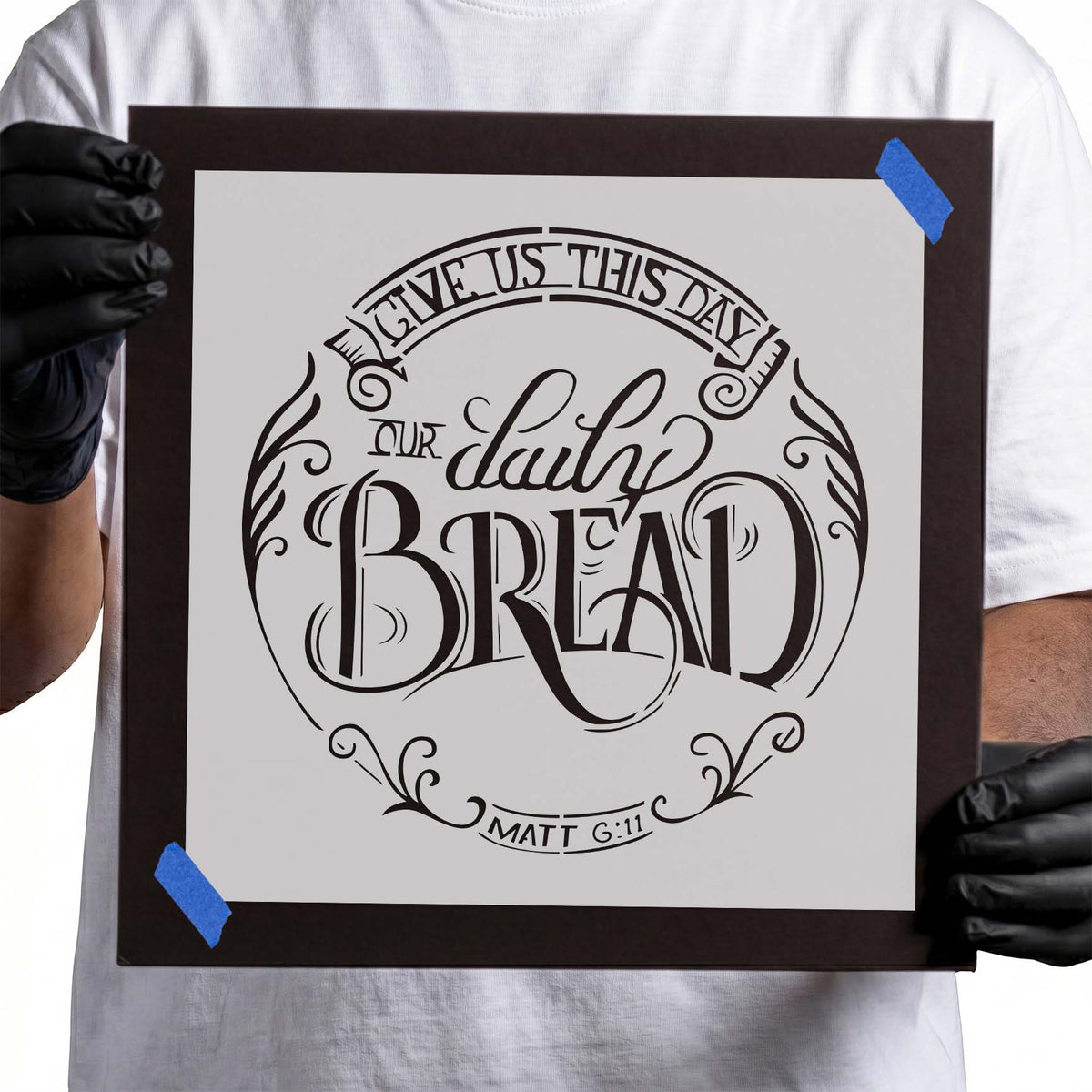 Daily Bread scripture stencil with ornate lettering and decorative flourishes