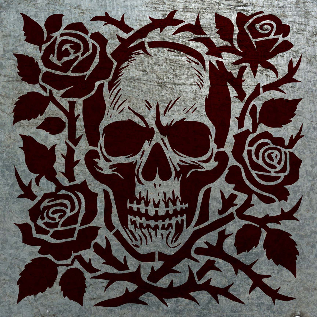 Deep red Gothic Skull and Thorned Roses Stencil spreads across a distressed metal surface