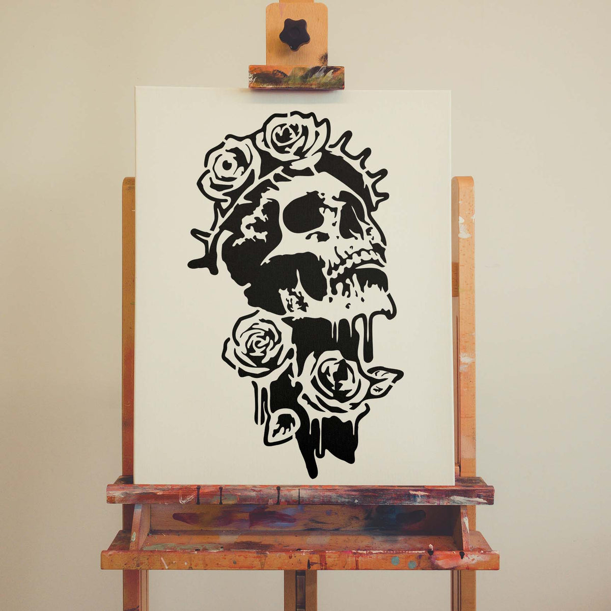 Gothic Skull with Blooming Roses Stencil creates a dramatic skull and rose design on canvas