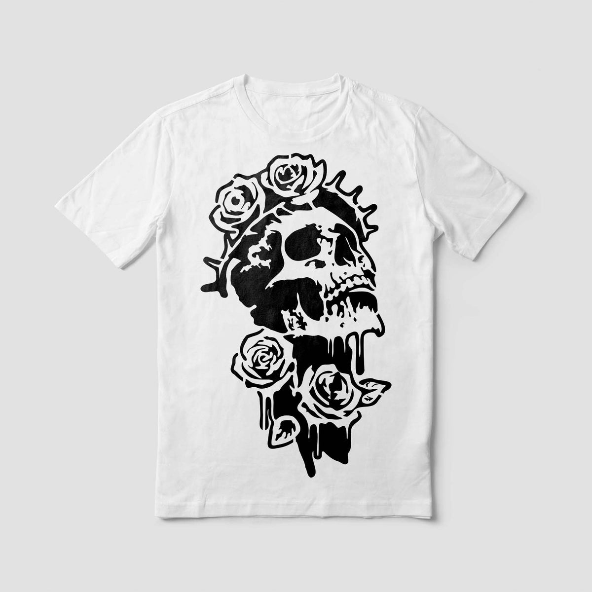 A Gothic Skull with Blooming Roses Stencil adds a striking black skull and roses to a white shirt