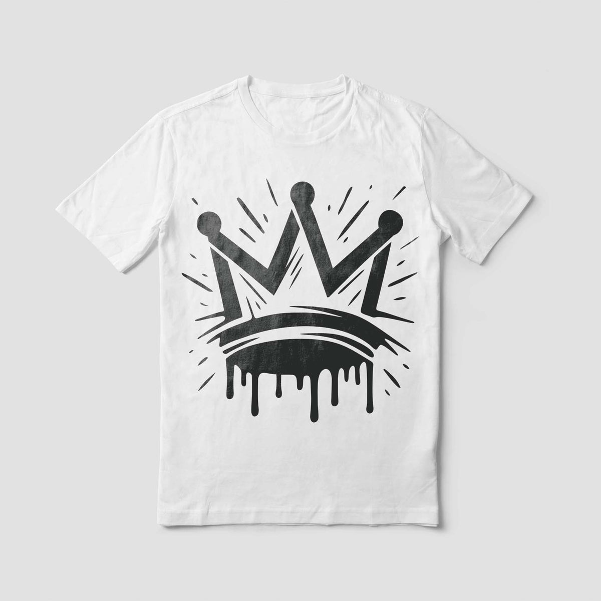 On a white t-shirt, the Graffiti Crown Stencil features a distressed crown with dripping paint.