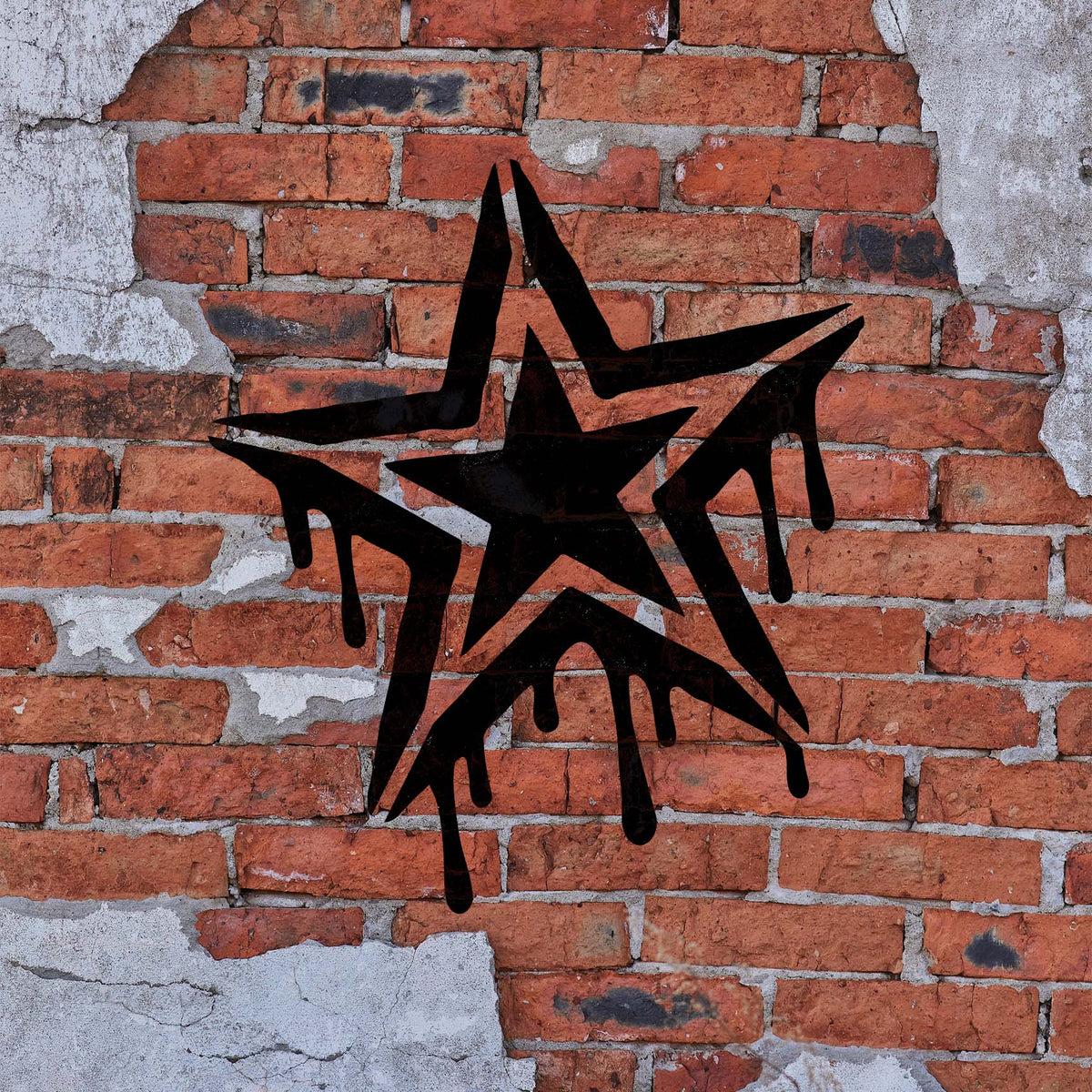 Graffiti Drip Star Stencil makes a bold black dripping star statement across an exposed brick wall
